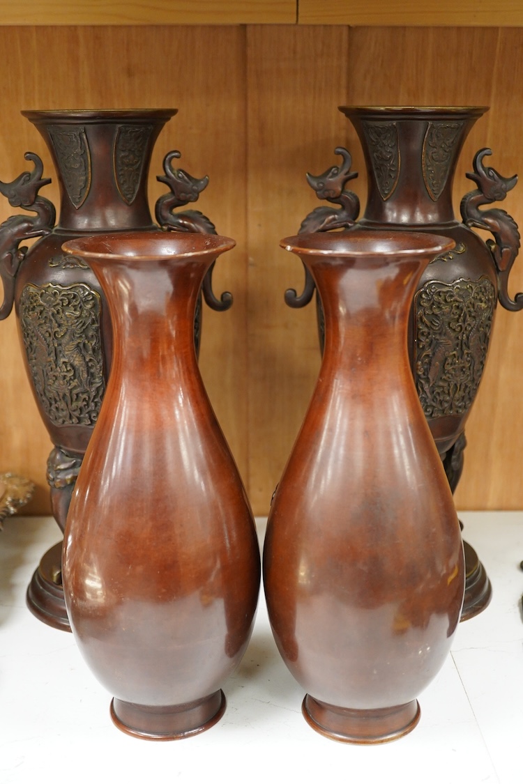 Two pairs of Japanese bronze vases, Meiji period and another, later example, largest 35cm high